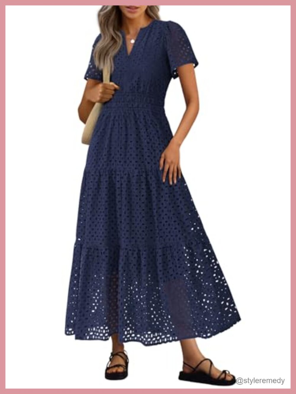 PRETTYGARDEN Women's Eyelet Maxi Dress A-Line V-Neck Short Sleeve Ruffle Hem